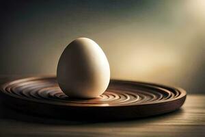 an egg on a wooden plate. AI-Generated photo