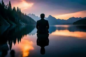 un hombre en un traje es sentado en el borde de un lago a puesta de sol. generado por ai foto
