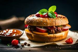 hamburger with cheese, tomatoes and ketchup on a wooden table. AI-Generated photo