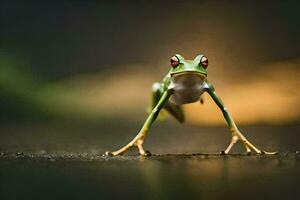 a frog is standing on its legs on a dark background. AI-Generated photo