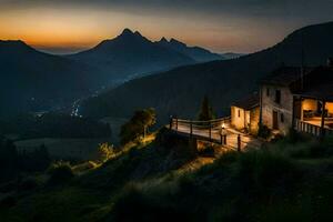 un casa se sienta en un ladera a puesta de sol. generado por ai foto