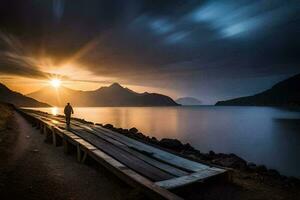 a man standing on a dock looking at the sun setting over a lake. AI-Generated photo