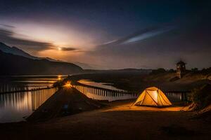 a tent is set up on the shore of a lake at night. AI-Generated photo