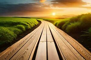 a wooden path leads to the sunset in the middle of a field. AI-Generated photo