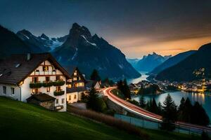 un casa y un montaña a oscuridad. generado por ai foto