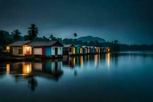 a row of colorful houses on the water at night. AI-Generated photo