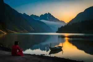 el mujer es sentado en el apuntalar de un lago a puesta de sol. generado por ai foto