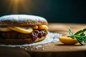 a hamburger with a slice of lemon and a slice of tomato. AI-Generated photo