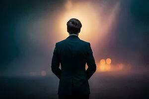 a man in a suit stands in front of a foggy background. AI-Generated photo