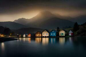 foto fondo de pantalla el cielo, montañas, niebla, el lago, casas, el montañas, el lago. generado por ai