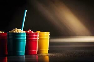 three colorful cups with straws and popcorn. AI-Generated photo