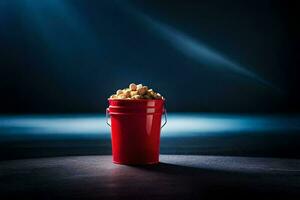 a red bucket filled with popcorn on a dark table. AI-Generated photo