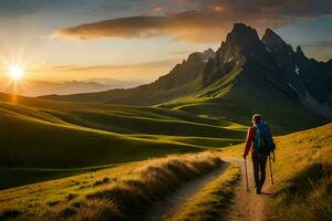 un hombre camina en un camino en el montañas. generado por ai foto