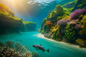 a beautiful underwater scene with coral reefs and a dolphin. AI-Generated photo