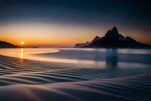 the sun sets over a beach and mountains. AI-Generated photo