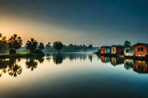 casas en el agua a amanecer. generado por ai foto