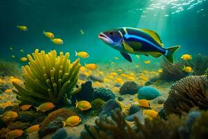 a fish swimming in the ocean with coral and other fish. AI-Generated photo