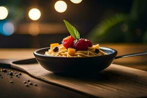 a bowl of pasta with berries and a spoon on a wooden table. AI-Generated photo