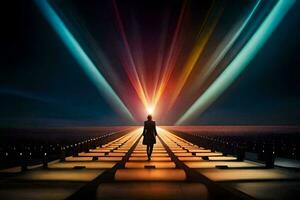 un persona en pie en un puente con brillante ligero viniendo desde el cielo. generado por ai foto