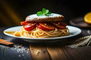 a plate with spaghetti and meat on it. AI-Generated photo