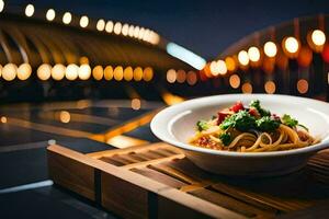 a bowl of pasta with a view of the bridge. AI-Generated photo