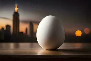 an egg sitting on a table in front of a cityscape. AI-Generated photo