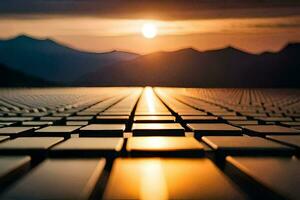 the sun setting over a field of metal bars. AI-Generated photo