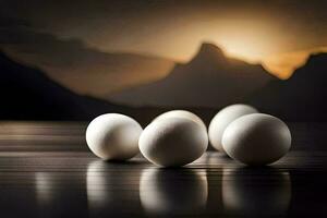 four eggs on a table with mountains in the background. AI-Generated photo