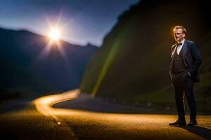 a man in a suit standing on a road at night. AI-Generated photo