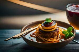 a bowl of spaghetti with meatballs and a drink. AI-Generated photo