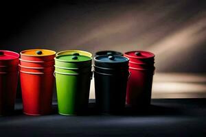 a row of colorful plastic containers on a black background. AI-Generated photo