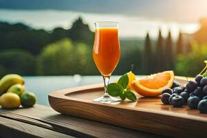 a glass of orange juice and grapes on a tray. AI-Generated photo