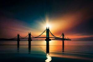 the sun is shining over a bridge in the ocean. AI-Generated photo