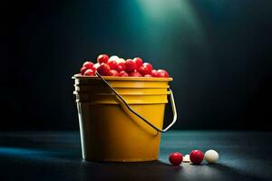 a bucket filled with red and white cherries. AI-Generated photo
