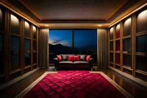 un habitación con un rojo alfombra y un sofá. generado por ai foto