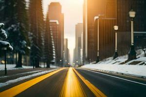 un ciudad calle es vacío con nieve en el suelo. generado por ai foto