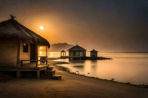 sunset over the beach with huts and a thatched roof. AI-Generated photo