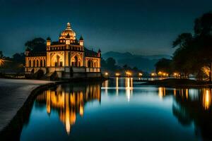 the night view of a temple in the middle of a lake. AI-Generated photo