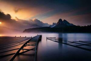 a pier in the middle of a lake with a mountain in the background. AI-Generated photo
