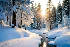 invierno paisaje con nieve cubierto arboles y arroyo. generado por ai foto