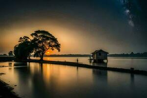 un lago con un casa y arboles a puesta de sol. generado por ai foto