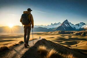 a man with backpack and trekking poles standing on the road in the desert. AI-Generated photo