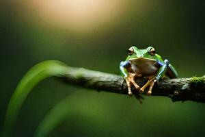 a frog sitting on a branch in the dark. AI-Generated photo