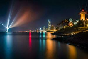 el ciudad luces son reflejado en el agua. generado por ai foto