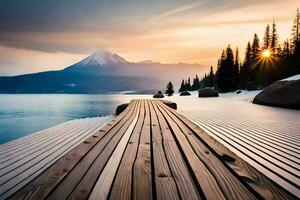 un de madera muelle Guías a un lago y montañas. generado por ai foto