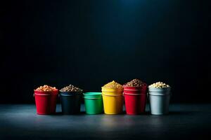 a row of colorful cups with different types of nuts. AI-Generated photo