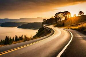 a scenic road with the sun setting over the water. AI-Generated photo
