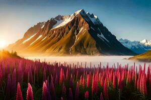 the sun rises over the mountains and the flowers bloom in the foreground. AI-Generated photo