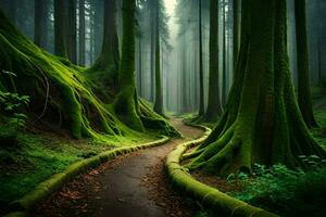 a path through a green forest with mossy trees. AI-Generated photo