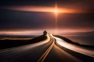 a long exposure photo of a road with a lighthouse in the distance. AI-Generated